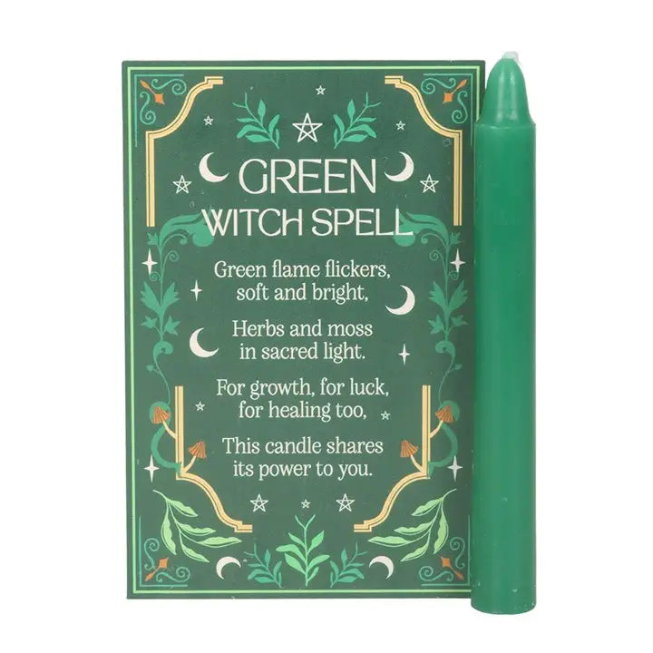 "Green Witch Spell Candles box back showing spell text with unlit green candle on white background"