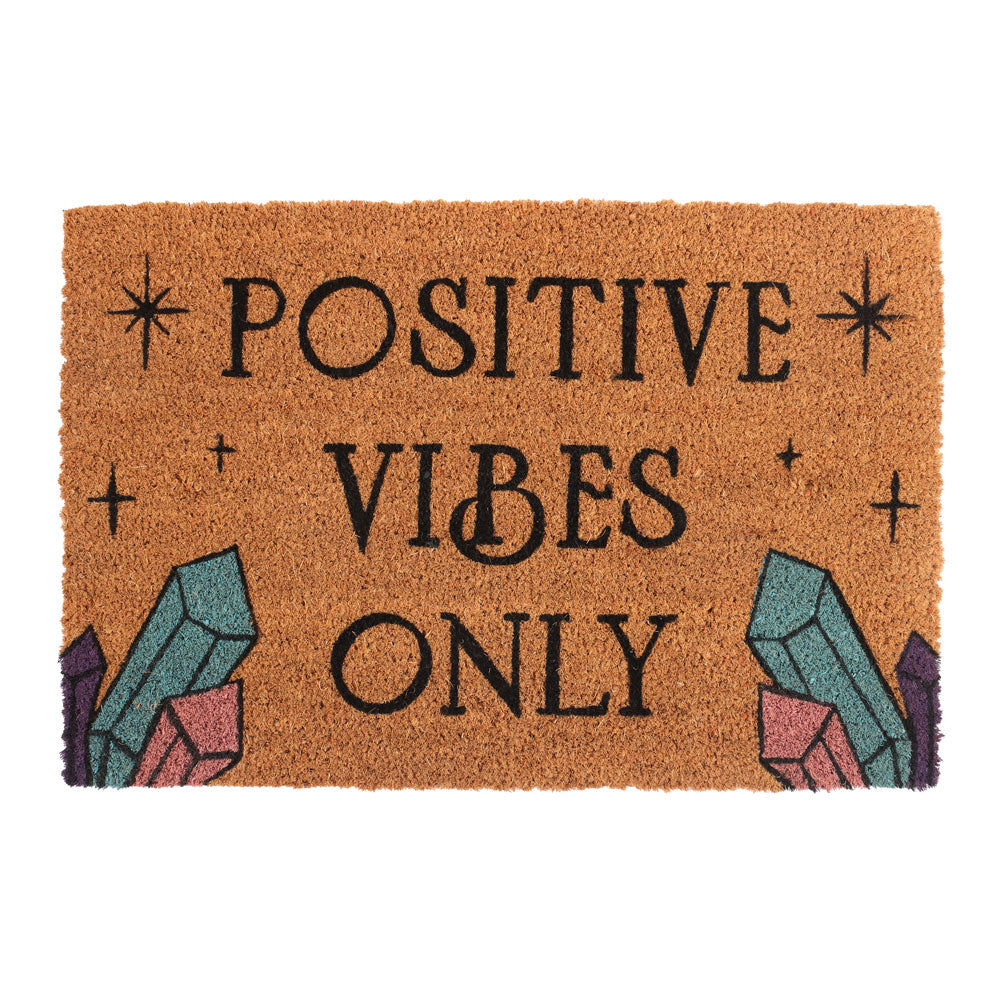 "Positive Vibes Only" print on a coir door mat on a white background