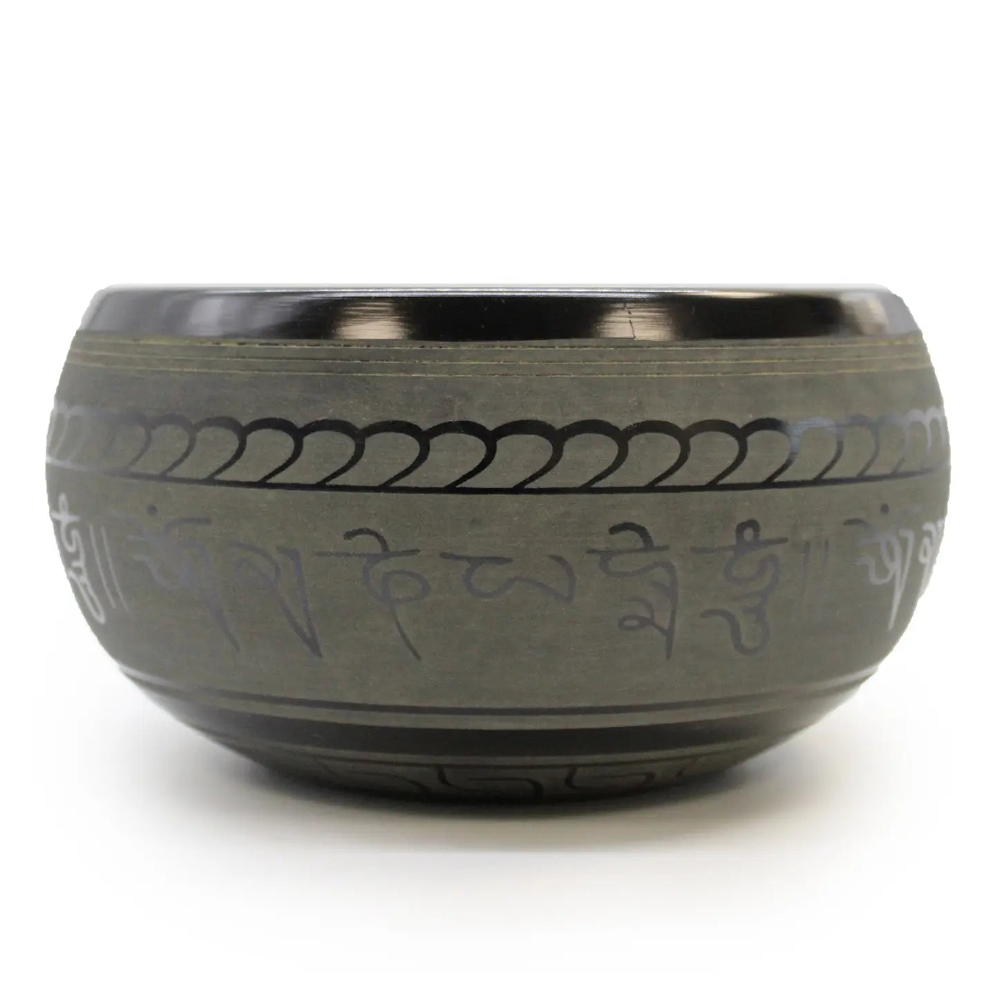"grey/gold pattern singing bowl side view showing decorative border and Tibetan symbols on white background"