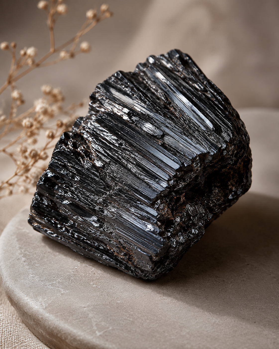 a raw piece of black Pyrolusite on a stone plate with a beige background with a sprig of gypsophelia flowers