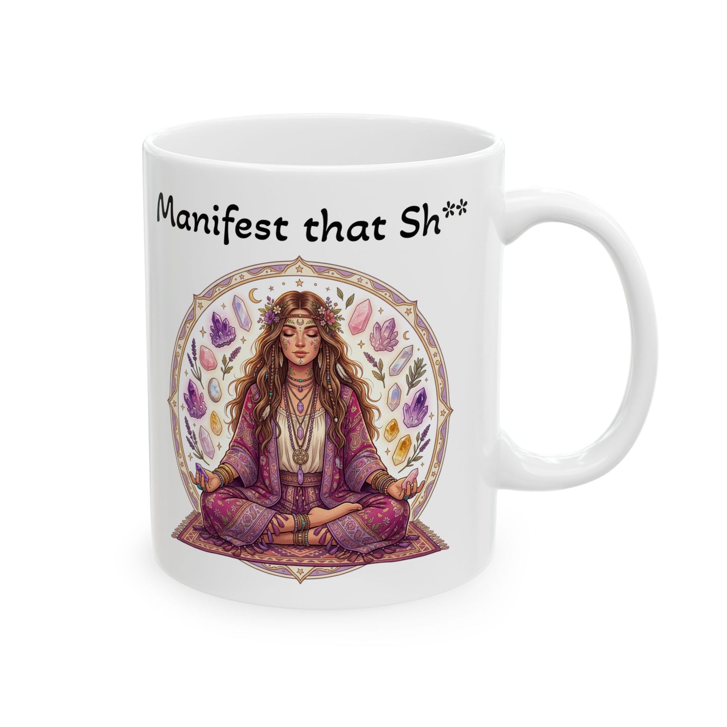 Mug with a meditating woman illustration and text 'Manifest that Sh**' on a white background