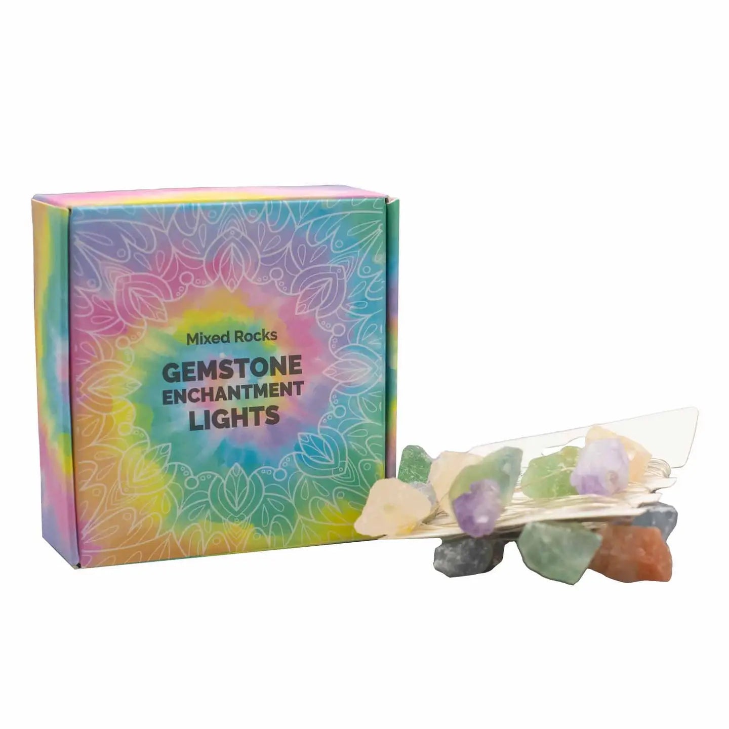 "Mixed Gemstone Crystal Lights on card wrap showing multicoloured crystals in front of pastel tie dye box on white background"