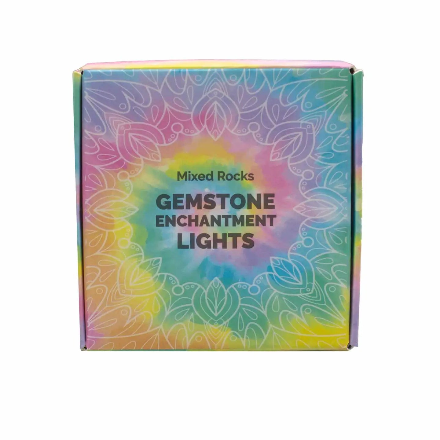 "Mixed Gemstone Crystal Lights pastel tie dye blue pink and yellow box with white lace design and black writing on white background"