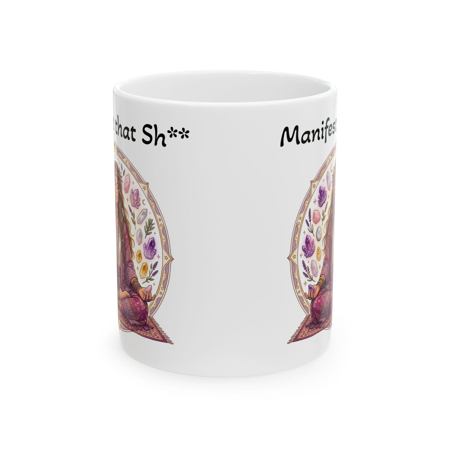 Mug with a meditating woman illustration and text 'Manifest that Sh**' on a white background