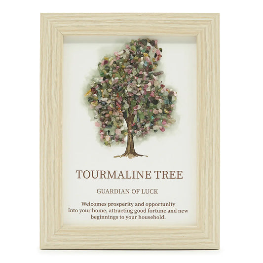 Tourmaline Gemstone chip tree of life wall art with real mineral stones on a water colour wash background in a pale wooden frame