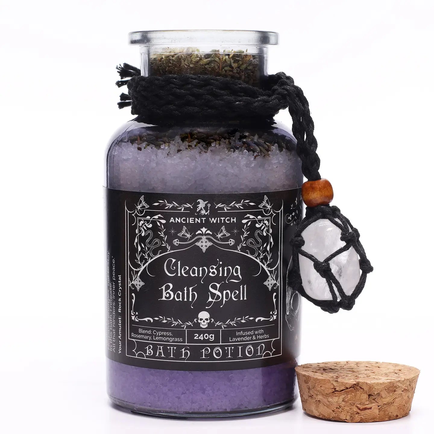 "Glass jar with cork lid filled with cleansing bath salts and herbs with a clear quartz crystal in a macrame necklace"