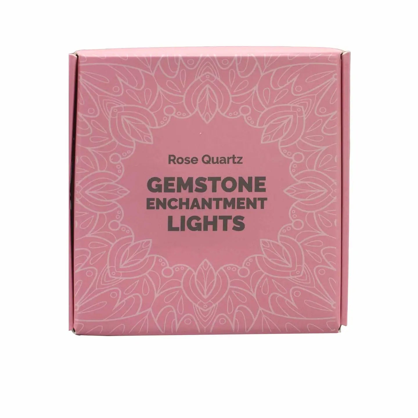"Rose Quartz Crystal Lights pink square box with white lace design and black writing on white background"