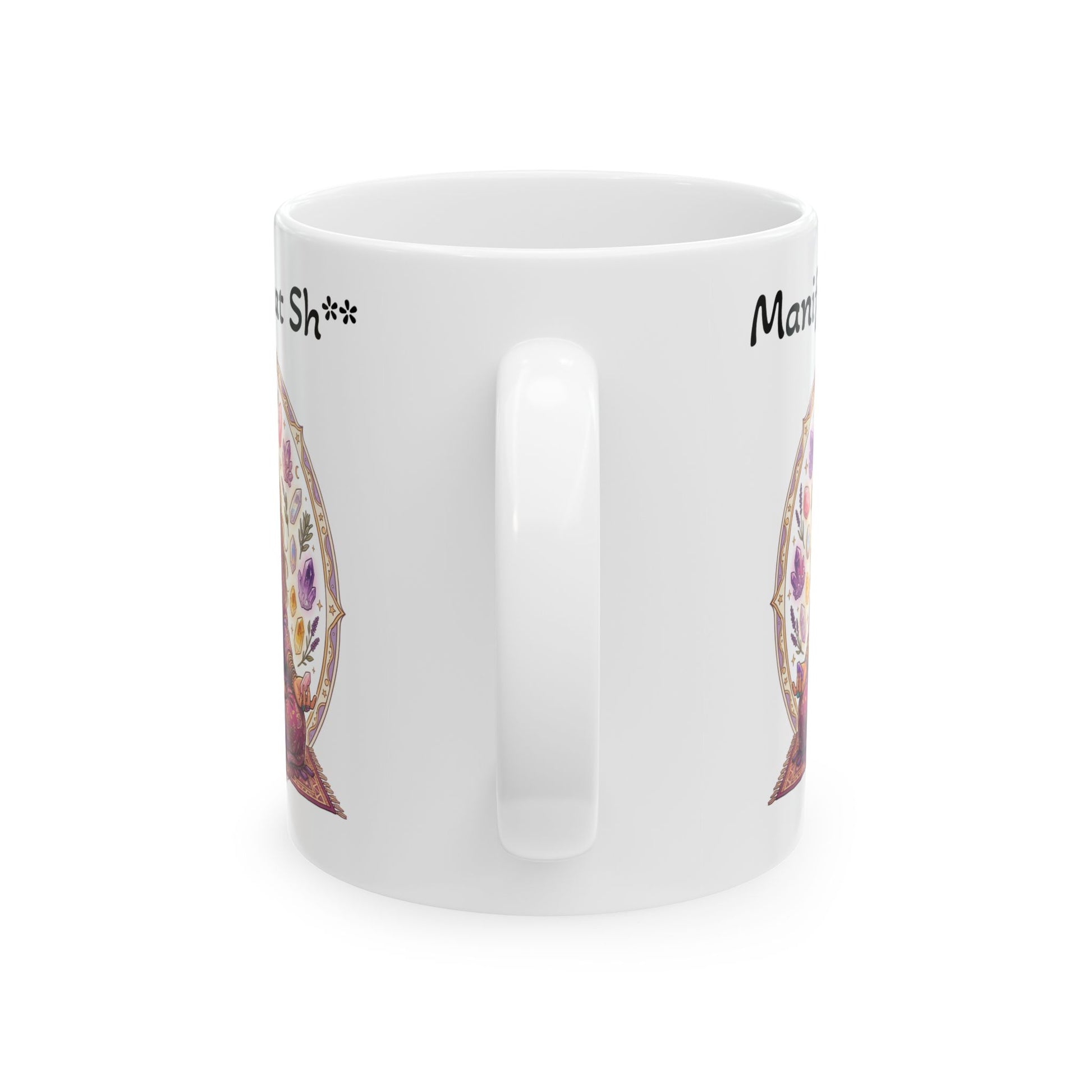 White mug with colorful design and text on a white background