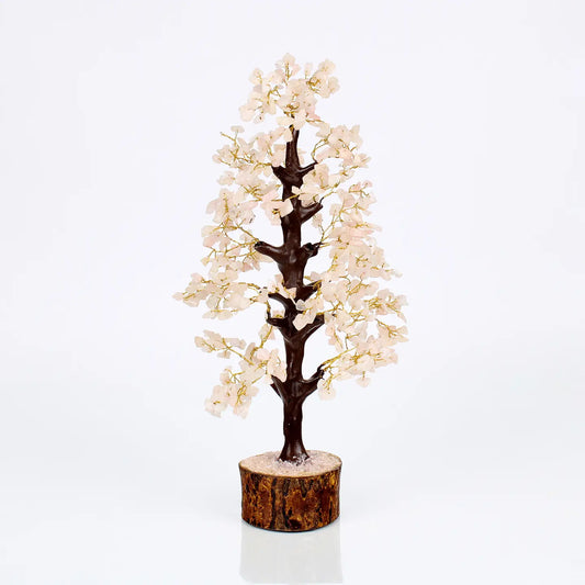 "Rose Quartz Crystal Tree with 500 beads on branches in wooden base with crushed rose quartz on white background"