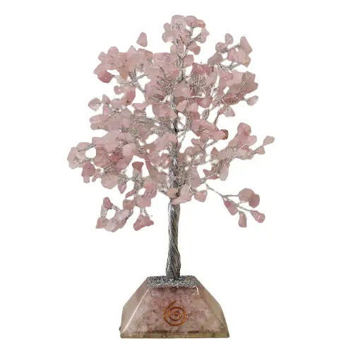 "Rose Quartz Crystal Tree 320 pink beads on silver wire branches in orgonite resin base with gold spiral on white background"