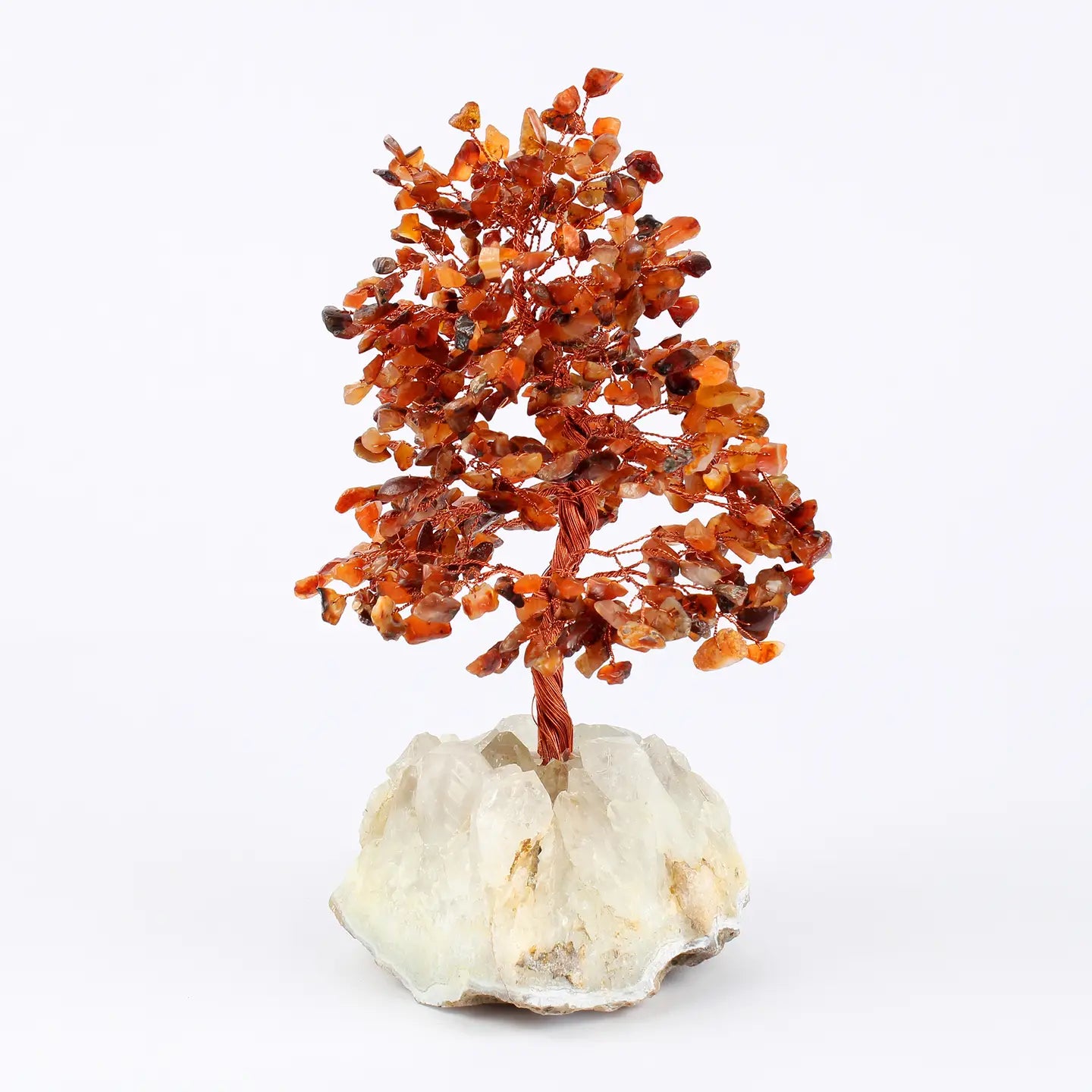 "Carnelian Crystal Tree with 500 beads on copper wire branches in natural citrine cluster base on white background"