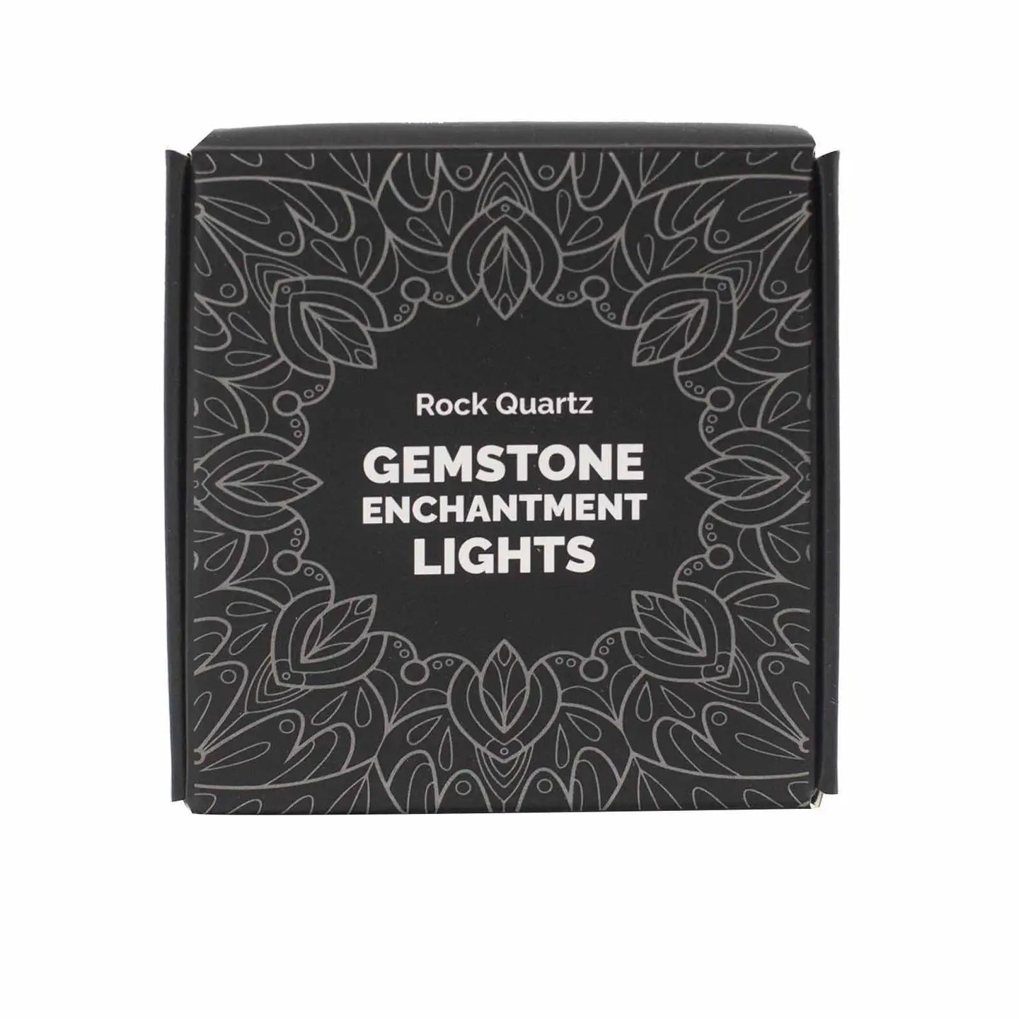 "Rock Quartz Crystal Lights black square box with white pattern and writing on white background"