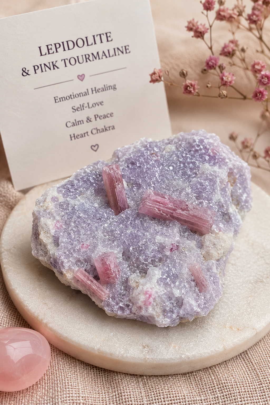purple lepidolite with pink tourmaline crystal on a beige disc with a meaning card on a beige back ground with a pink flower